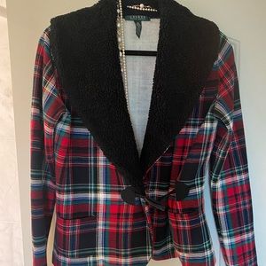Ralph Lauren Red Plaid Blazer w Black Faux Fur Collar - Size Medium